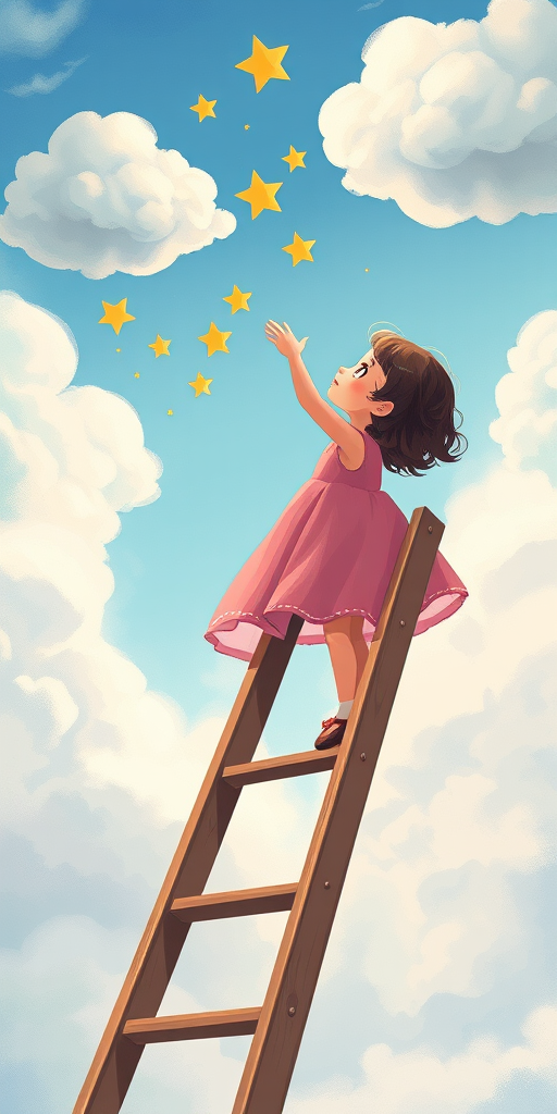 Generate an illustration of a young girl in a pink dress standing on a wooden ladder reaching for hanging clouds and stars, bright colors with a whimsical style, 35mm lens, f/8 aperture, capturing a playful and dreamy atmosphere, digital art.