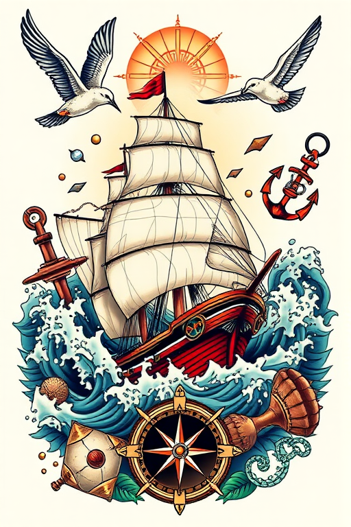 Bold traditional "Nautical Odyssey" tattoo composition featuring a ship battling stormy seas surrounded by iconic maritime elements like anchors compasses and swallows rendered in rich saturated colors and thick outlines