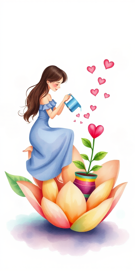 Create a whimsical illustration of a woman watering a flower while sitting on a large, vibrant flower petal, with hearts flowing from the plant to a colorful pot, use a 50mm lens, f/2.8 aperture, soft focus background, digital watercolor style, high-resolution image