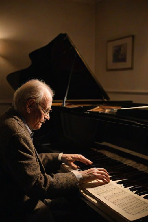Warmly lit, intimate photo of an elderly man playing a grand piano in a dimly lit room, soft light from a nearby lamp casting shadows on the sheet music, with a faint reflection in the piano's glossy surface.