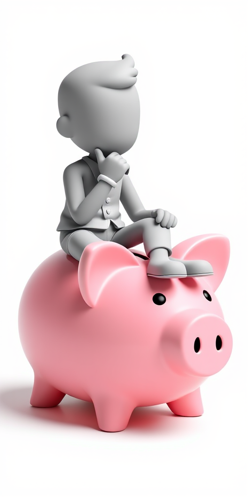 3D rendering of a stylized figure seated on a pink piggy bank, thoughtfully resting chin on hand, soft lighting, white background, shot with a Canon EOS R5, 50mm lens, f/2.8 aperture, ISO 100, 1/200 sec shutter speed, high dynamic range, focus on figure and piggy bank.