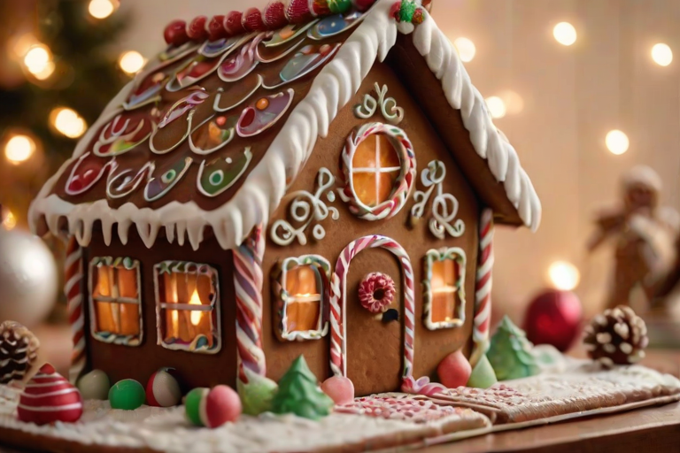 Close-up of a beautifully decorated gingerbread house, soft light highlighting the sugary details, with a few Christmas ornaments scattered nearby.