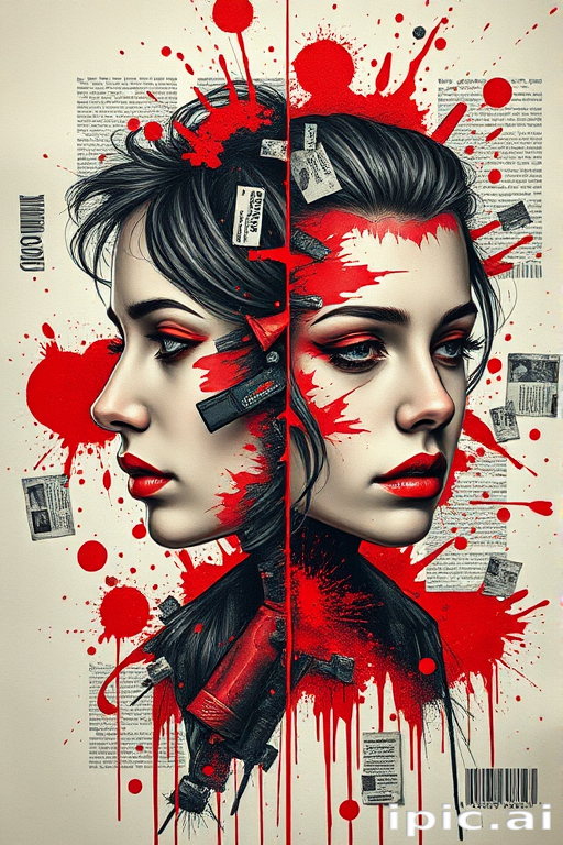 Trash polka tattoo titled "Urban Decay" juxtaposing realistic portraits with abstract splashes of vibrant red ink, incorporating torn newspaper clippings and graffiti-style elements to create a chaotic yet harmonious composition, perfect for chest, back, or full sleeve placement