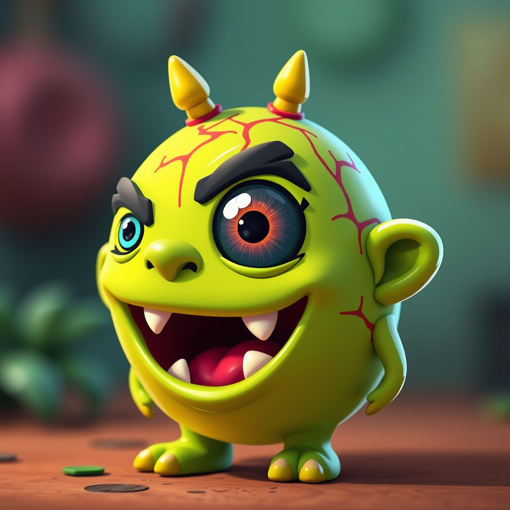 Create a cartoon character design of a green monster with a single large red-veined eye and three spikes on top, in a bright and vibrant style, using a Canon EOS R5 with a 50mm f/1.8 lens, aperture set to f/2.8, ISO 100, and a shallow depth of field to emphasize color and detail.