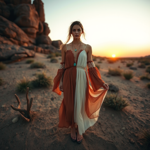 Desert setting, bohemian model, flowy dresses, earthy tones, rustic sunset effect,  equipped with a 12mm lens to capture an overhead view of the model, emphasizing symmetry and spatial positioning
