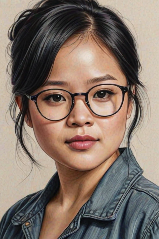 Alluring Kelly Marie Tran, pencil sketch, portrait of Fetching woman 1934s in glasses, hair style beatnik, outline, clear lines, fine lines, 8k