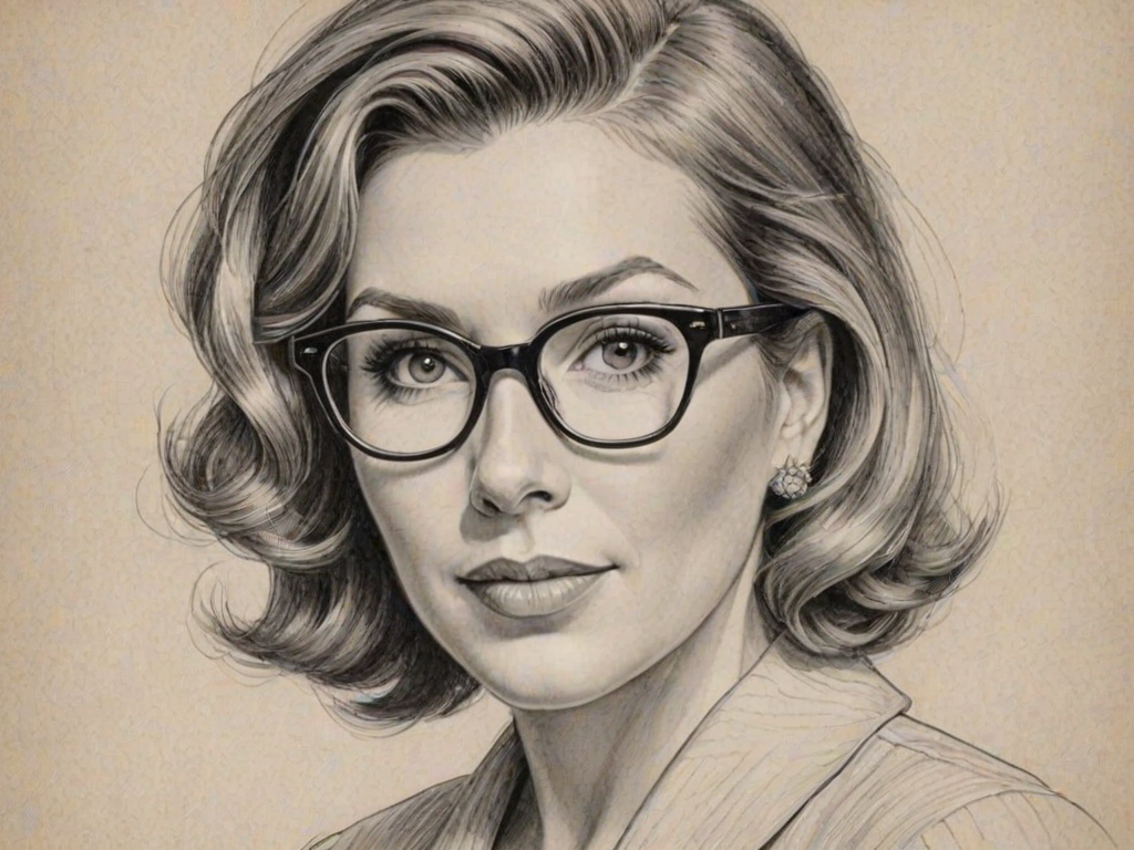 Exquisite June Diane Raphael, pencil sketch, portrait of Splendid woman 1956s in glasses, hair style beatnik, outline, clear lines, fine lines, 8k