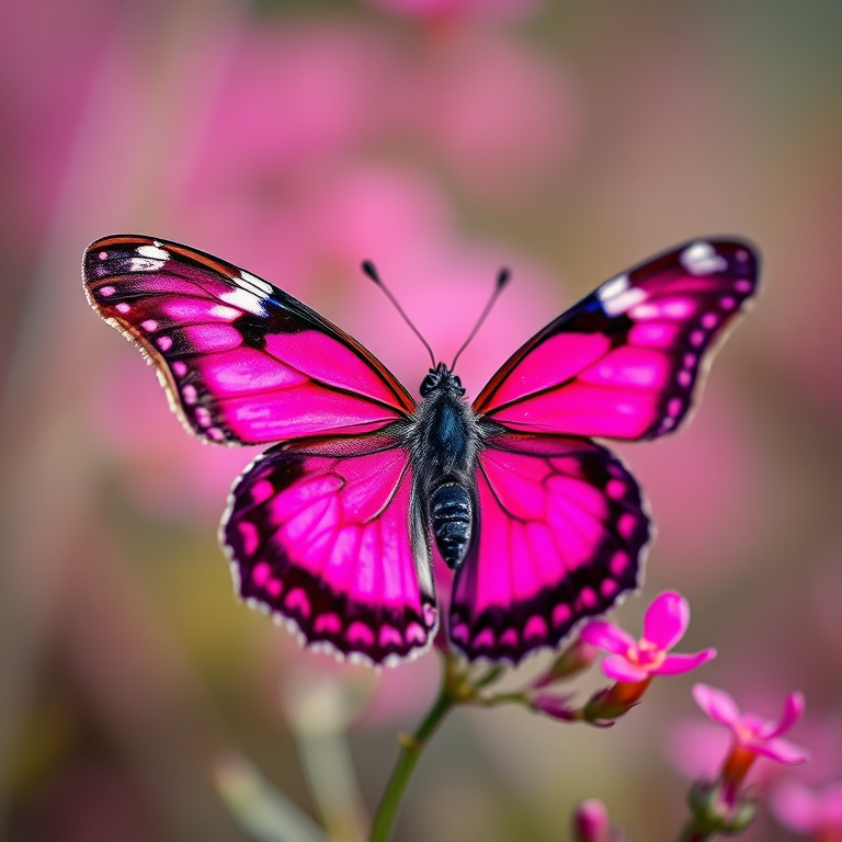 Generate a vibrant illustration of a butterfly with pink and purple colors, using a Canon EOS R5 camera with a 50mm f/1.8 lens, shot at a close-up view with a soft focus background to enhance image quality and detail.