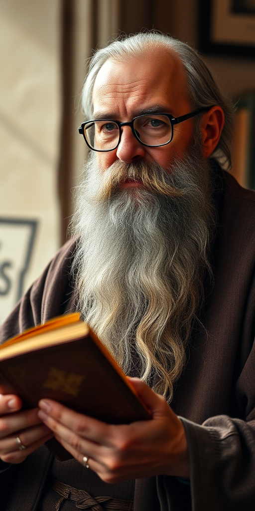 A wise scholar with a long beard and glasses, holding an ancient book, soft lighting, warm tones, depth of field, 50mm lens, f/1.8 aperture, 1/125 shutter speed, taken with a DSLR camera in portrait mode.