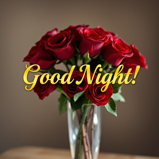 Create an image with the text "Good Night!" in golden Garamond font, placed atop a delicate vase filled with vibrant red roses, with soft focus and warm lighting effects.