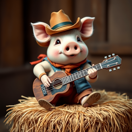 A chibi pig, dressed as a cowboy, playing guitar, sitting on a hay bale