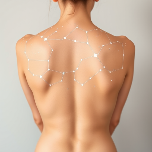 Minimalist line art constellation map spread across shoulders and upper back, delicate white ink stars connected by thin lines, celestial beauty
