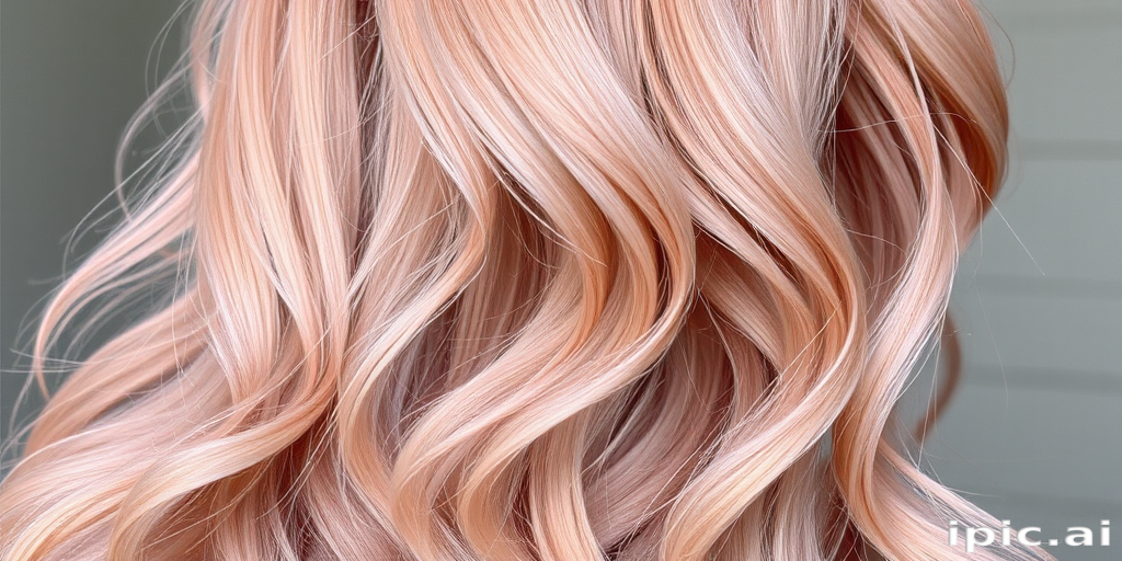 Graceful photograph featuring Rose Gold Mist tresses, a soft pink-tinged metallic hue in long, flowing layers with subtle waves throughout
