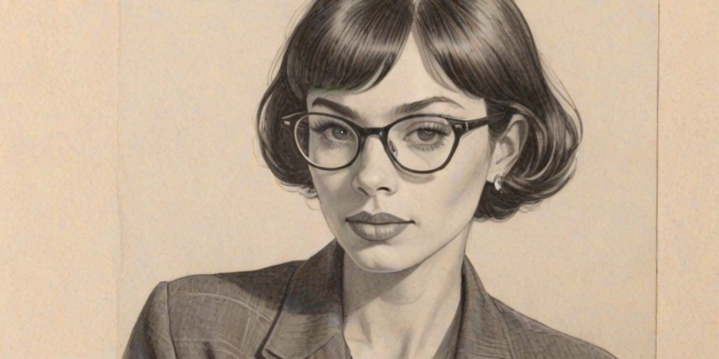 Lovely Tamara Taylor, pencil sketch, portrait of Fetching woman 1957s in glasses, hair style beatnik, outline, clear lines, fine lines, 8k