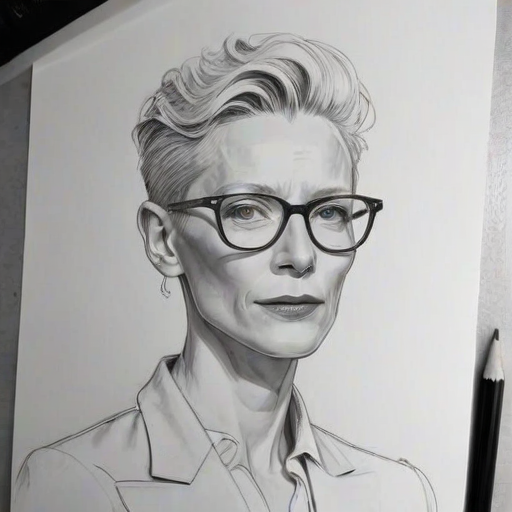 Gorgeous Tilda Swinton, pencil sketch, portrait of Alluring woman 1921s in glasses, hair style beatnik, outline, clear lines, fine lines, 8k