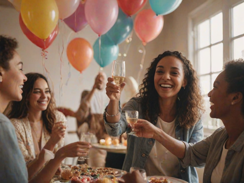 Blurry candid shot of a woman making a toast at a birthday party, surrounded by friends and balloons, with soft light creating a joyful and celebratory atmosphere.