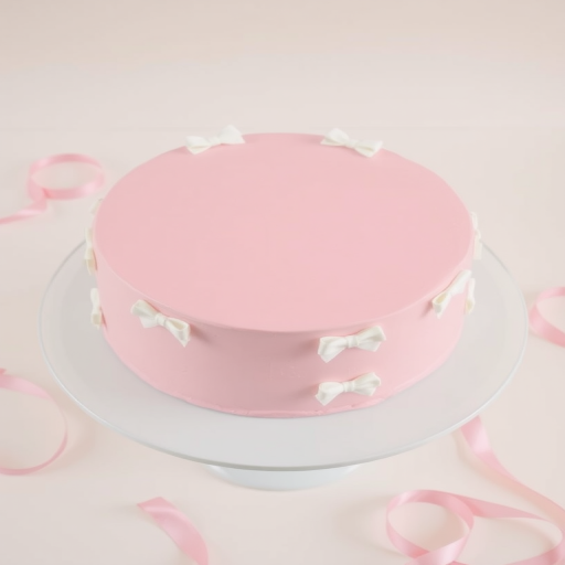 Create an image of a round cake with a smooth pink icing finish decorated with small white bows arranged in a grid pattern on the sides. The cake is displayed on a white plate with a soft pastel background and a few pink ribbons scattered around.