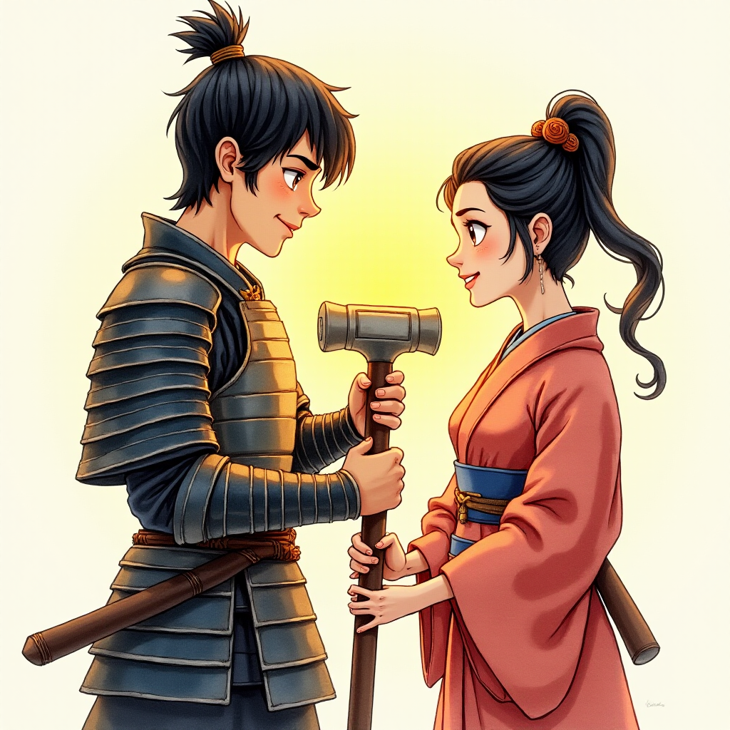 A watercolor and ink-painted, detailed line drawing of a young samurai in armor with black hair, clean-shaven, big eyes, and a large smile, standing next to a beautiful woman in a kimono. Both are holding the shaft of a warhammer together, with the head of the warhammer now adjusted to the proper size. They are the same height and look at each other with affection. The samurai is glowing with a yellowish aura, radiating warmth. The scene has a whimsical, adventurous feel in a Disney-Pixar aesthetic, with soft watercolor tones, intricate ink details, and a magical, cinematic atmosphere