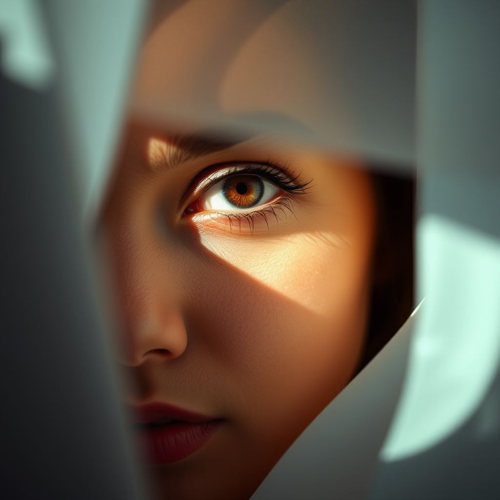 Close-up portrait of a woman partially hidden behind sheer curtains with dramatic lighting highlighting her eye and facial features, using a DSLR camera with a 50mm lens, aperture f/1.8, ISO 100, and a slight vignette effect for enhanced depth.