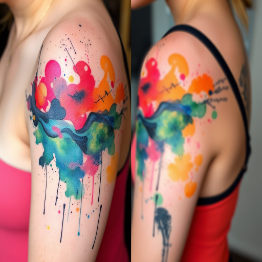 Whimsical watercolor splatter tattoo named "Technicolor Dreamscape" featuring an explosion of vibrant, translucent colors that blend and overlap to create a dreamlike abstract landscape, with delicate splatters and drips adding texture and movement to the design, resulting in a unique and eye-catching piece that resembles a wearable work of modern art