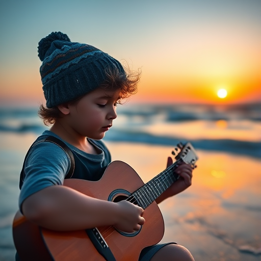 Create a serene beach scene at sunset featuring a young boy with curly hair wearing a beanie, focused on playing an acoustic guitar, with soft waves in the background, shot using a Canon EOS R5 with a 50mm lens at f/1.8, ISO 100, and a shutter speed of 1/200s to enhance image quality and depth of field.