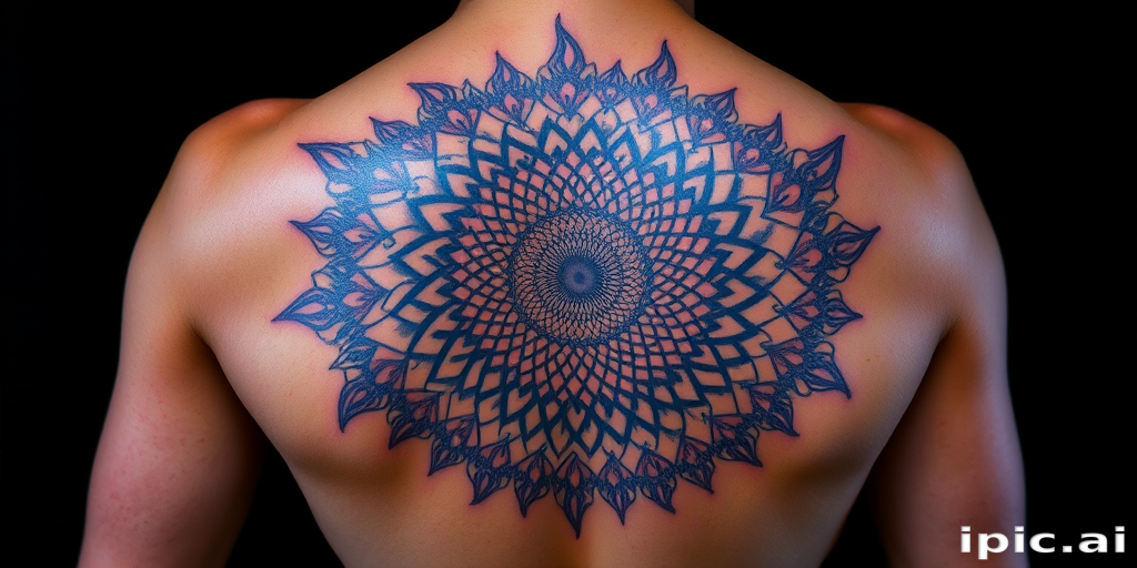 Captivating body tattoo of a spiraling fractal pattern expanding from the center of the back, rendered in holographic ink that shifts colors with movement
