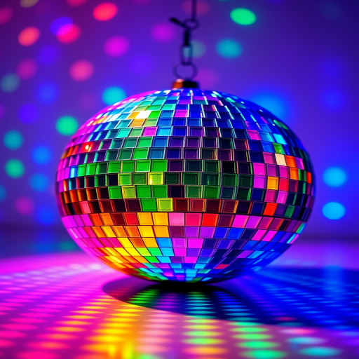 Generate a high-resolution image of a multicolored disco ball with a grid pattern, using a Canon EOS 5D Mark IV with a 50mm lens, aperture f/8, ISO 100, and a slight tilt view for dynamic perspective.