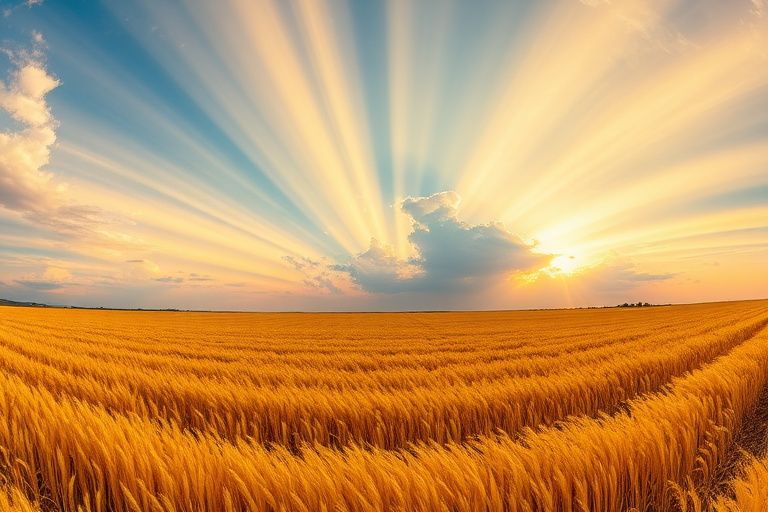 Regenerate the image of a vast golden field under a vibrant sky with yellow and blue rays radiating from the horizon, captured using a DSLR camera with a 24mm lens, f/8 aperture, ISO 100, and a panoramic view to enhance the details and colors.