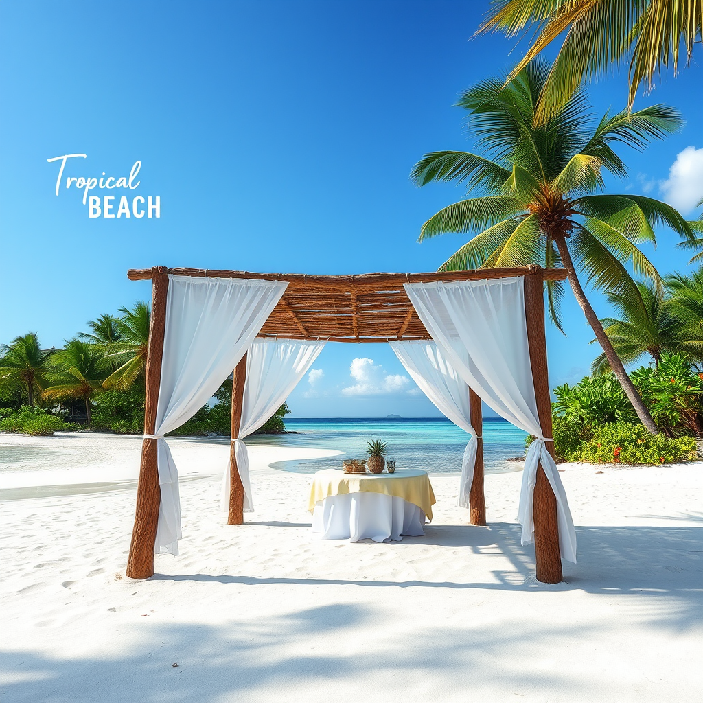 Create a picturesque tropical beach scene featuring a serene, white sandy shore. In the foreground, there's a rustic wooden canopy with white drapes gently flowing in the breeze. Underneath the canopy, a table is set with tropical decor, evoking a sense of relaxation and leisure. The beach extends into a calm, shallow water area with reflections of the sky and surroundings. Palm trees and lush greenery line the edge of the beach, providing a natural, tropical backdrop. The sky is clear with a few scattered clouds, and the overall atmosphere is tranquil and inviting, perfect for a peaceful retreat.