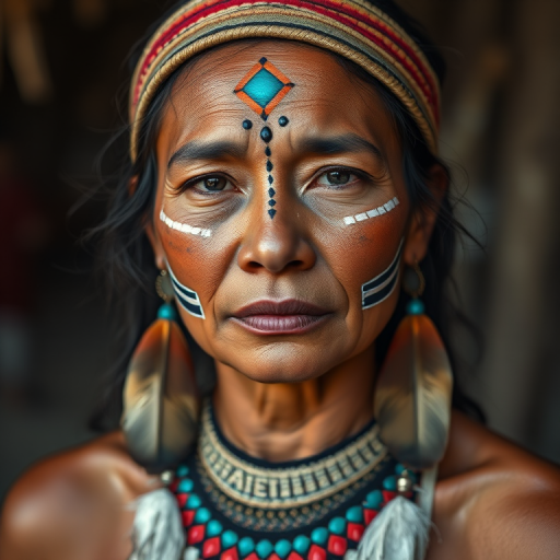 portrait of an Indigenous woman with intricate face paint and feather earrings, shot with a Canon EOS R5, 85mm lens, aperture f/1.8, shutter speed 1/200s, natural lighting, focus on the subject with a blurred background