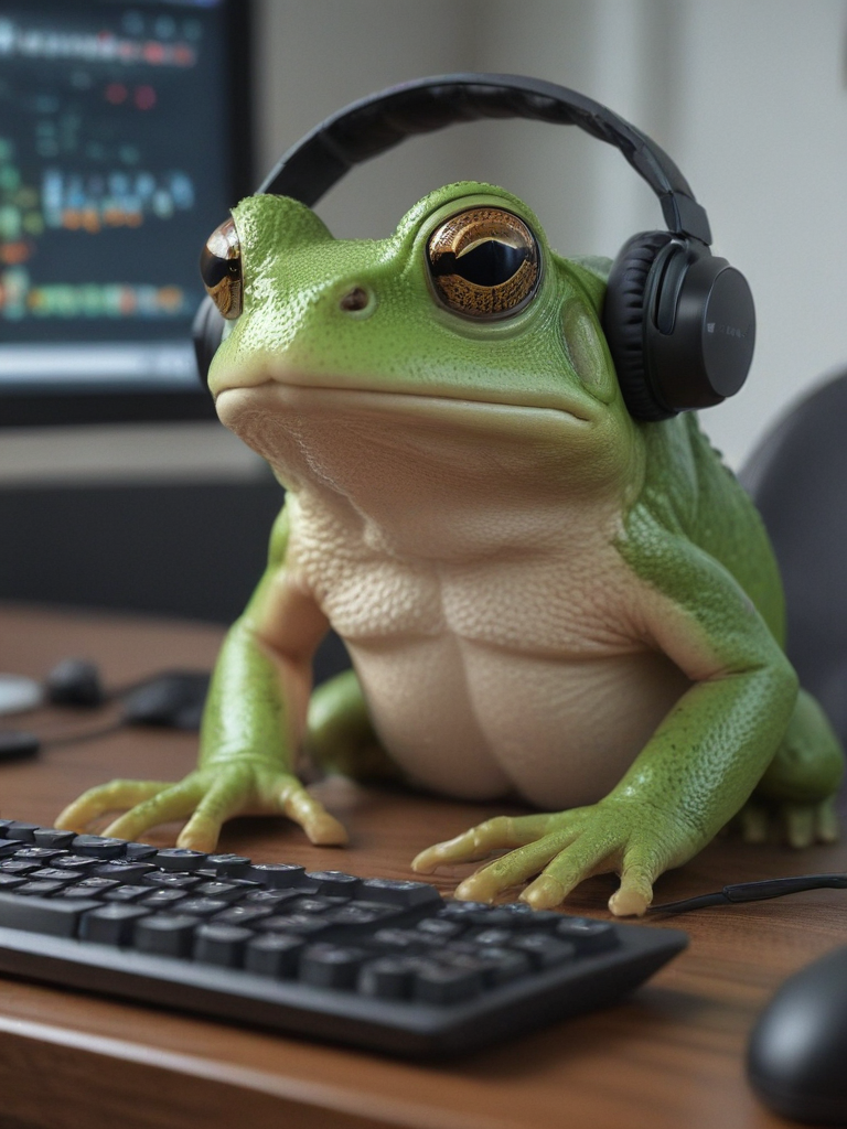 A realistic frog gaming on PC with headset keyboard and mouse