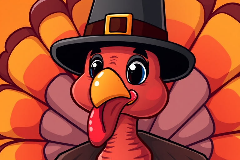 Create an illustration of a cartoon turkey wearing a pilgrim hat, vibrant colors, 300 DPI, close-up view, digital art style, high-resolution for print.
