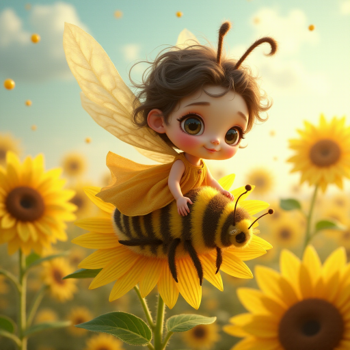 a whimsical cute girl with big eyes, big hair and flowing dress, riding astride a bumble bee, and flying across the top of the sunflower, which are just waking up, and catching dew drop of rain