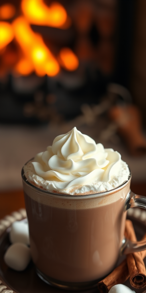 Close-up of a steaming cup of hot chocolate topped with whipped cream, soft light from a nearby fireplace reflecting off the surface, with marshmallows and a cinnamon stick on the side.