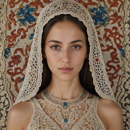 Face, shoulders, chest covered in openwork Sephardic embroidery. Raw, unedited image.