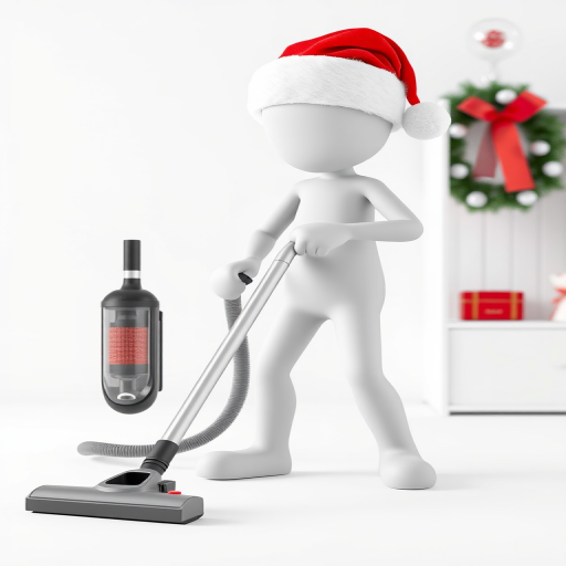 create an image of a 3D humanoid figure wearing a Santa hat while vacuuming with a modern vacuum cleaner, use a high-resolution DSLR camera with a 50mm lens, aperture f/2.8, ISO 100, natural lighting, and a clean white background for a minimalist look