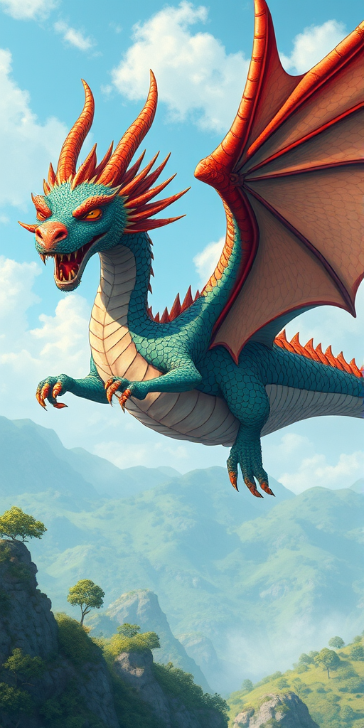 A detailed illustration of a fantasy dragon, vibrant colors, intricate scales, soaring above a lush landscape, shot with a Canon EOS R5, 85mm lens, f/1.8 aperture, 1/500 sec shutter speed, in natural lighting for enhanced detail and depth.