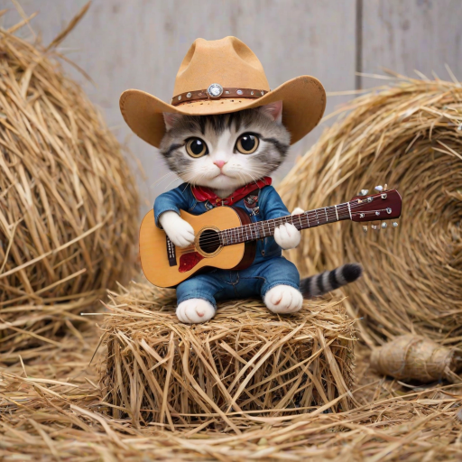 A chibi cat, dressed as a cowboy, playing guitar, sitting on a hay bale