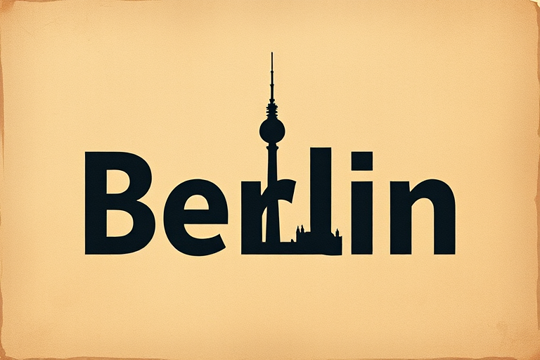 Create a high-resolution image featuring the word "Berlin" in a modern font, with a silhouette of the Berlin TV Tower integrated into the design, using a warm, textured background with a vintage feel, captured with a DSLR camera at f/2.8, ISO 100, 50mm lens, top-down view, and soft lighting to enhance depth and contrast.