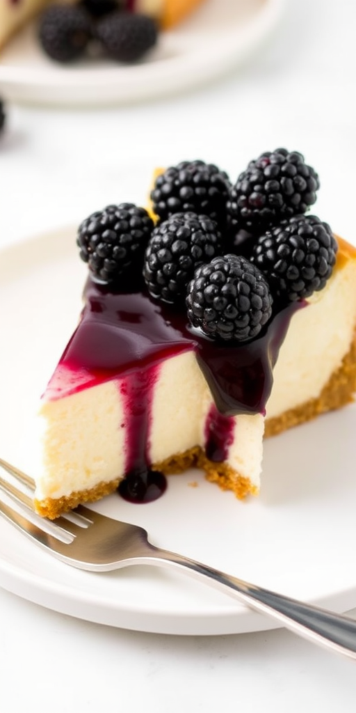 A slice of cheesecake with a creamy white filling and a graham cracker crust topped with a shiny blackberry glaze and fresh blackberries arranged on top served on a white plate with a fork beside it against a light background.
