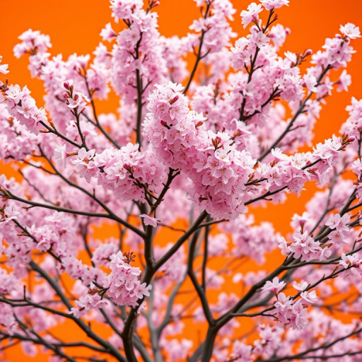 photograph of a cherry blossom tree with pink flowers against an orange backdrop, shallow depth of field, ISO 100, f/2.8, 50mm lens, natural lighting, DSLR camera, taken from a low angle to capture the full height of the tree.