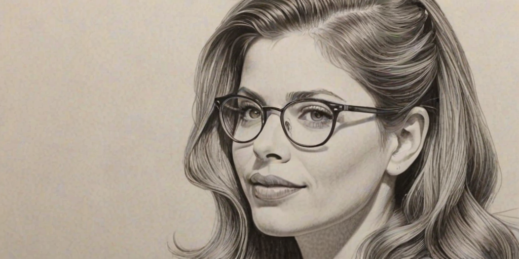 Comely Danielle Fishel, pencil sketch, portrait of Ravishing woman 1945s in glasses, hair style beatnik, outline, clear lines, fine lines, 8k