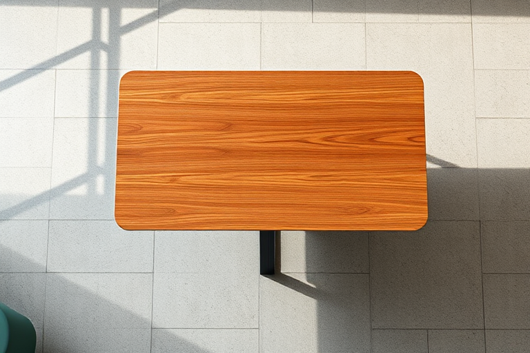 Create a high-resolution image of a modern, minimalistic table with a sleek design, shot in natural light using a DSLR camera at f/2.8, ISO 100, 50mm lens, top-down view to emphasize the table's features and textures.