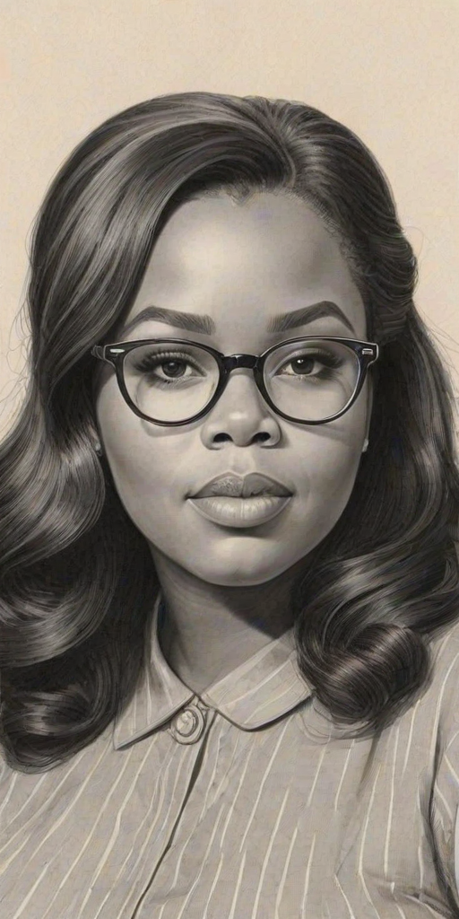 Exquisite Amber Riley, pencil sketch, portrait of Charming woman 1960s in glasses, hair style beatnik, outline, clear lines, fine lines, 8k