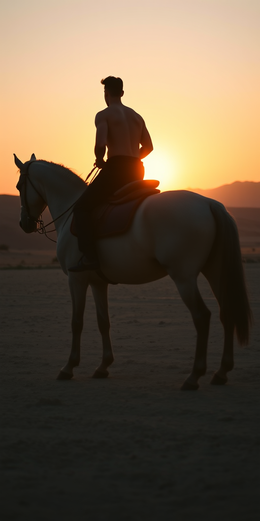 Capture a silhouette of a shirtless rider on a gray horse against a fading sunset in a desert scene, using a 50mm lens, f/1.8 aperture, ISO 200, shooting from a low angle to accentuate the horse's movement, in a DSLR format.