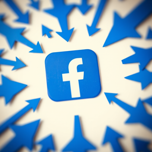 Create an abstract digital artwork featuring the Facebook logo in the center, surrounded by various blue arrows pointing outward, using a DSLR camera with a 50mm lens, aperture set to f/1.8, ISO 100, and shot from a slightly elevated angle to enhance depth and clarity.