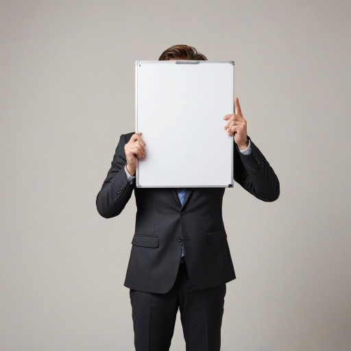 Create an image of a professional individual in a business suit, holding a large blank whiteboard in front of their face. The background should be neutral to emphasize the person and the blank board. Make sure the person's hands are visible, and they are positioned at mid-chest level, showcasing the blank space clearly.