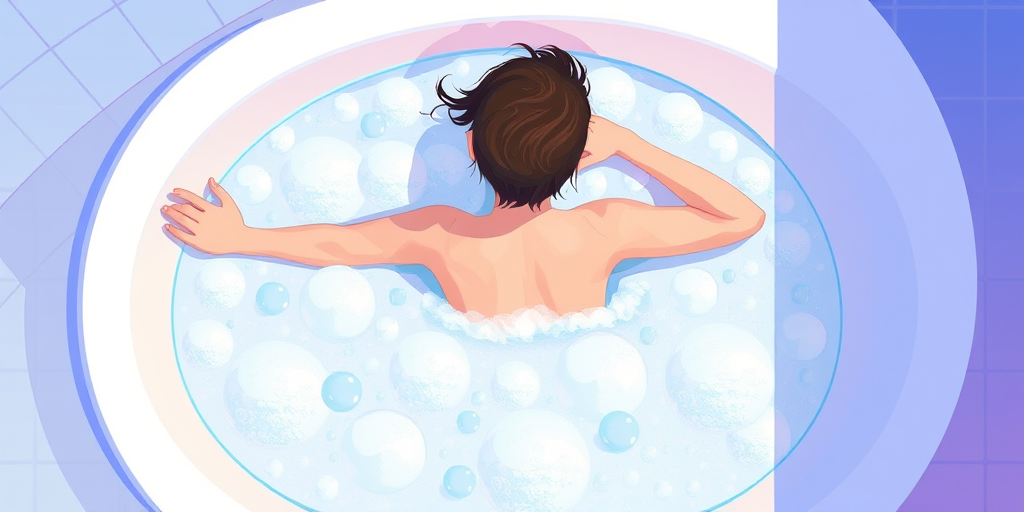 generate a high-resolution illustration of a person relaxing in a bubble-filled bathtub, vibrant colors, soft lines, overhead view, 24mm lens, f/2.8 aperture, natural light setting, digital illustration style