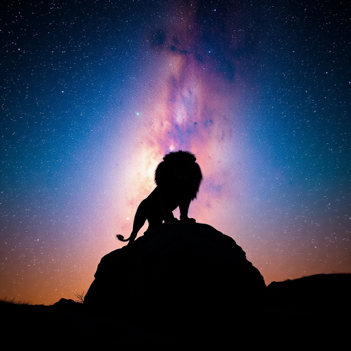 A majestic silhouette of a lion standing on a rock against a vibrant night sky filled with stars and the Milky Way, captured with a DSLR camera, 24mm lens, f/2.8 aperture, ISO 1600, and a long exposure of 15 seconds, with a wide-angle view to enhance depth and color saturation.