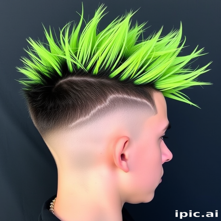 Edgy undercut with long, neon green top layers styled in tousled spikes, featuring shaved patterns on the sides in the rebellious "Cyber Punk" haircut